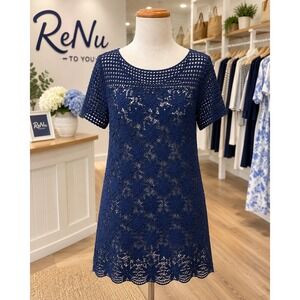 Lauren Ralph Lauren Dress Floral Crochet Lace Navy Blue Size M